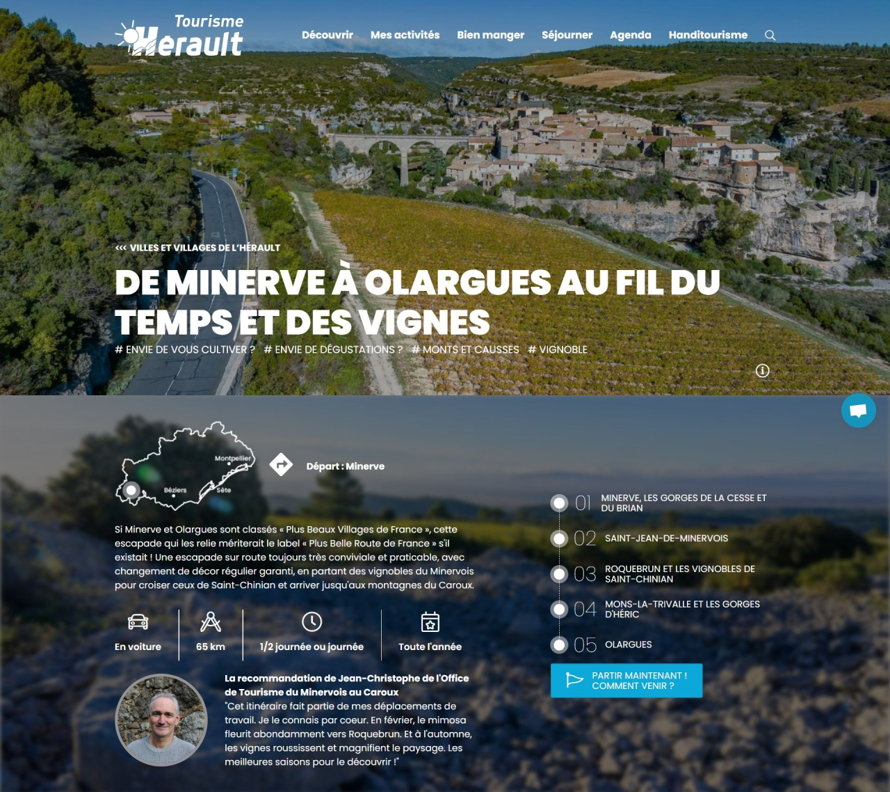 Capture d'écran d'une page éditoriale de type Escapade sur le site d'Hérault Tourisme