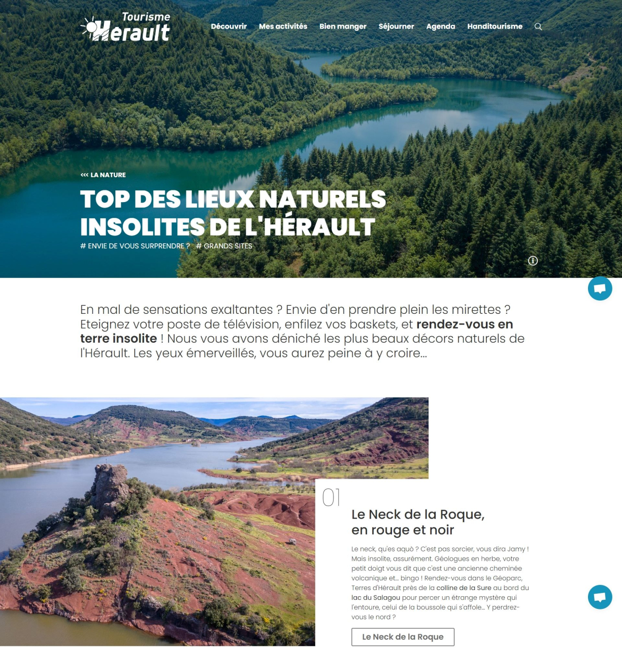 Capture d'écran d'une page éditoriale de type Top sur le site d'Hérault Tourisme